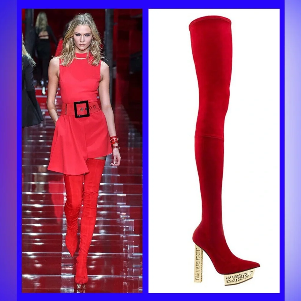 VERSACE HOLIDAY RED GREEK Over the knee boots suede 9.5 40 Gold shoes costume